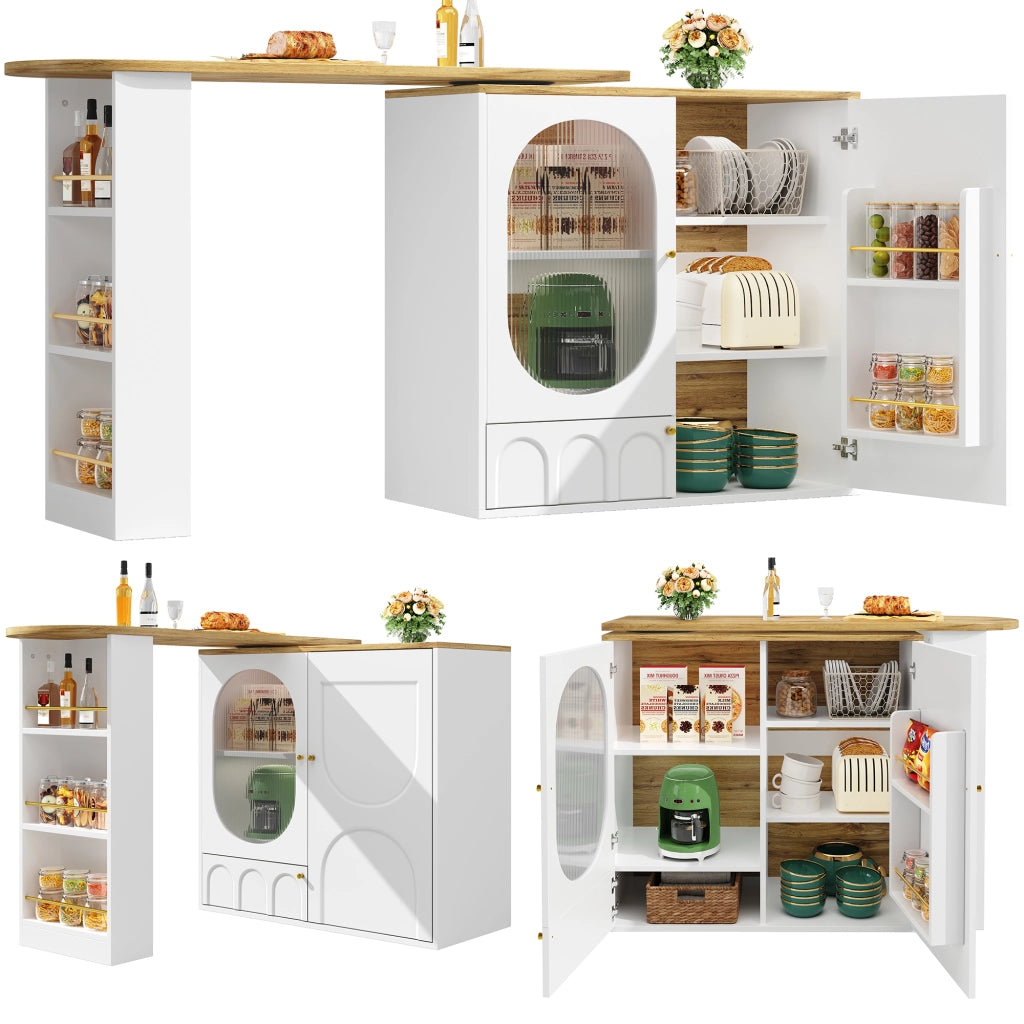 Tavolo da bar girevole 360掳 138x39x105 cm isola cucina con contenitore a 3 ante; MDF e metallo; bianco e nero