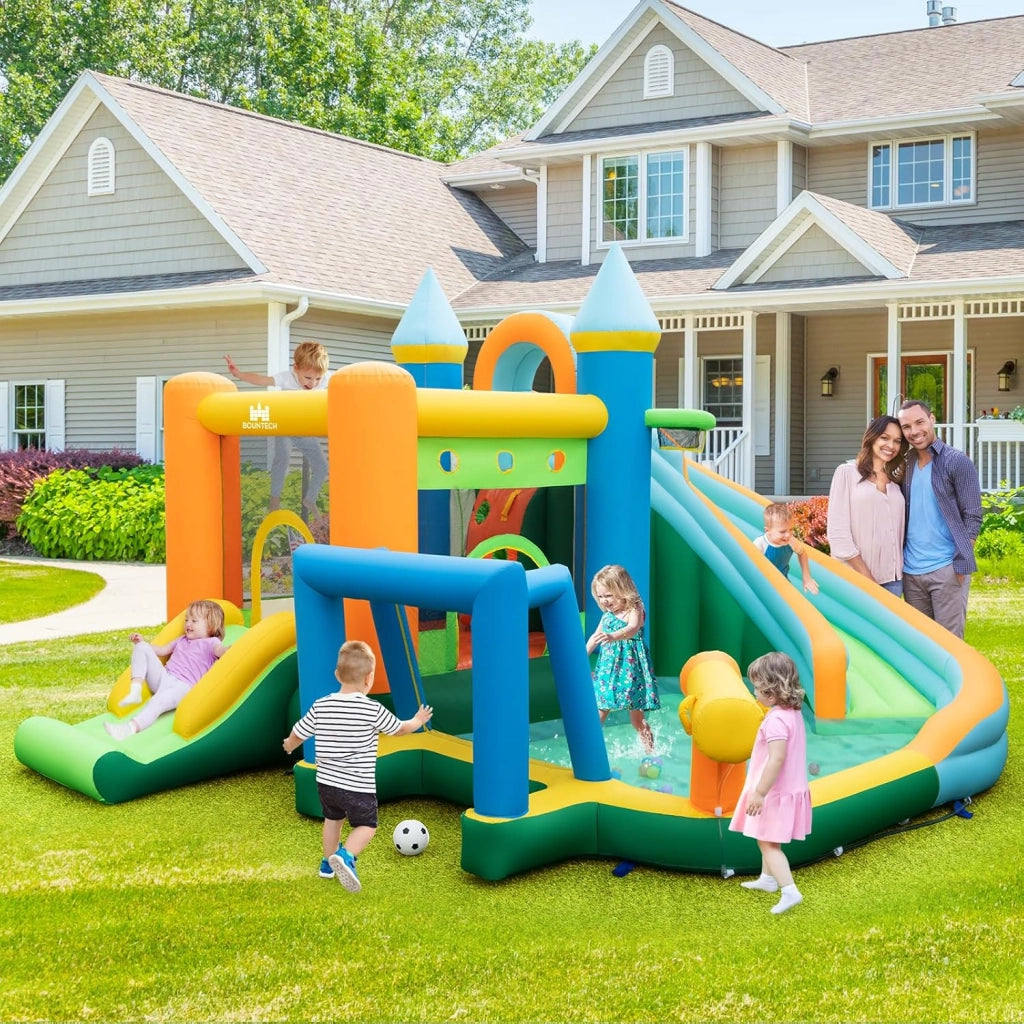 Castello Gonfiabile per Bambini, Casa Gonfiabile con Doppio Scivolo, Parete da Arrampicata, Piscina, con Borsa di Trasporto e Kit di Riparazione, per 2 Bambini di 3-10 Anni
