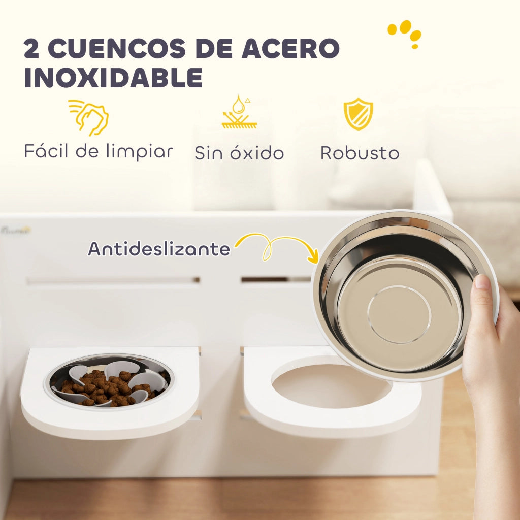 Mangiatoia Elevata per Cani Regolabile con Sistema di Alimentazione Lenta ¨C Minimal ¨C 63x58,5x40 cm Bianco