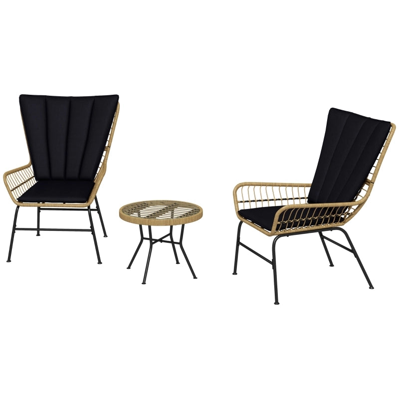OKWISH Set da 3 Sedie da Giardino con 2 Poltrone, Tavolino Rotondo, Cuscini e Rattan Nero