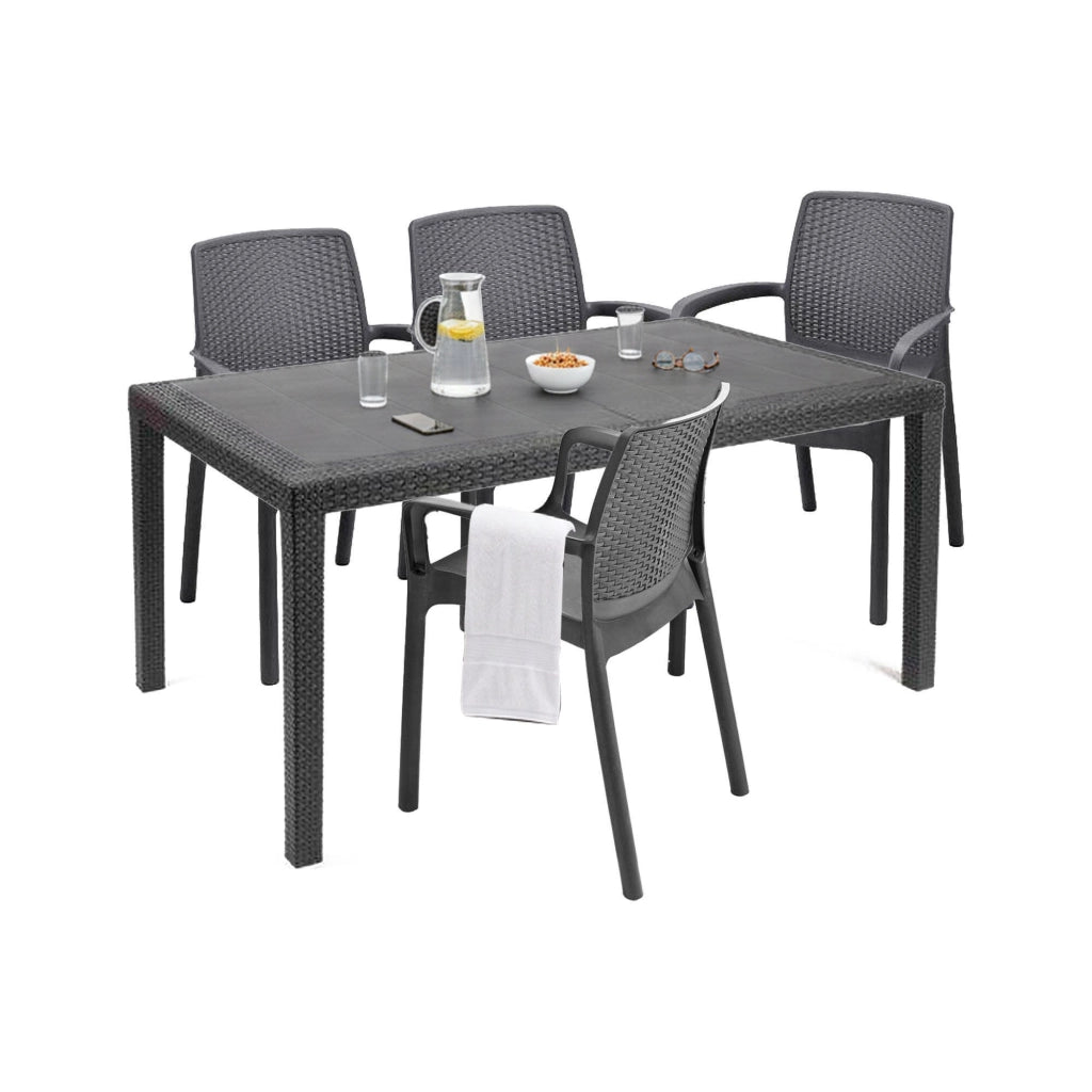 Set salotto da esterno Sover, Salottino outdoor e indoor, Tavolo rettangolare fisso con 4 sedie impilabili, Made in Italy, Antracite