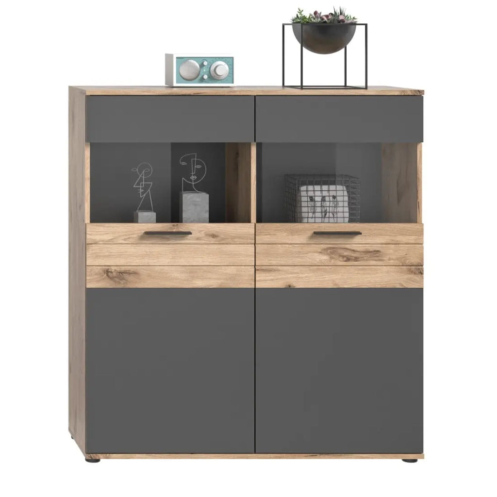 Buffet alto 2 porte in vetro – Grigio antracite e rovere chiaro – SELMA