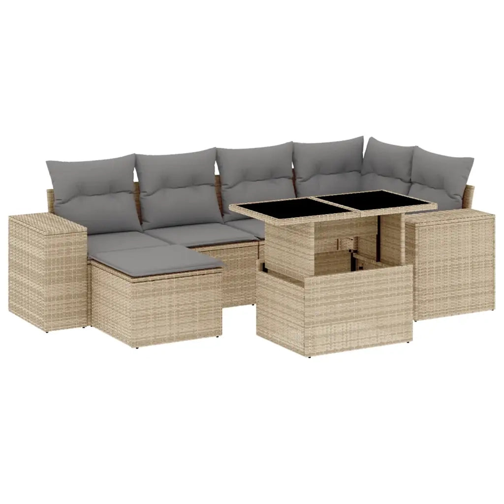 Set Divani da Giardino 7 pz con Cuscini Beige in Polyrattan