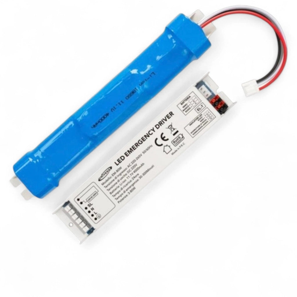 Kit Emergenza 3-80W con Batteria 11.1V 4000mAh, Driver Emergenza per Lampade LED AC 220-265V, Autonomia fino a 300 Minuti, Modulo Backup per Plafoniere e Pannelli LED