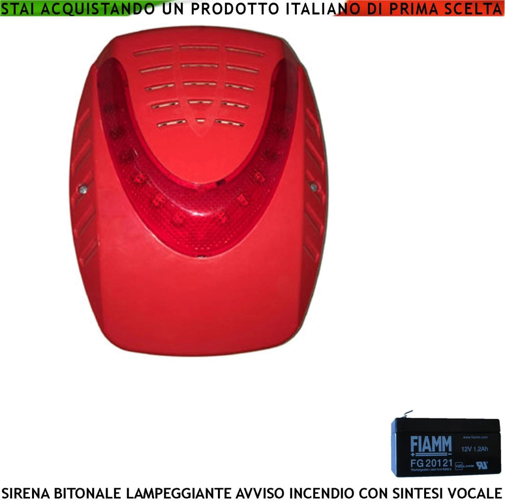 SIRENA ELETTRONICA LAMPEGGIANTE ROSSA ESTERNA SEGNALA ALLARME INCENDIO BATTERIA 12 V 1,2 AH ALIMENTATA 24 VCC SOTTOCOPERCHIO ANTISCHIUMA