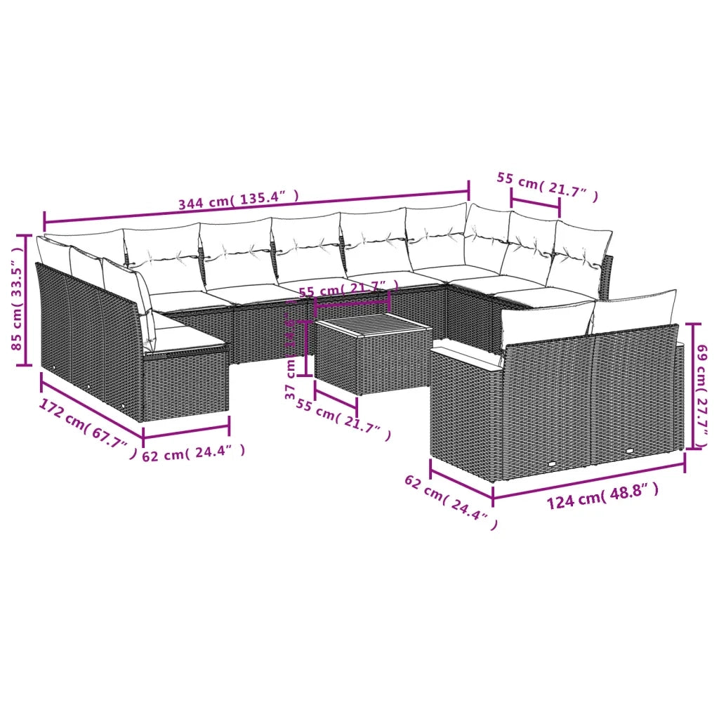 Set Divano da Giardino 13 pz con Cuscini Beige in Polyrattan