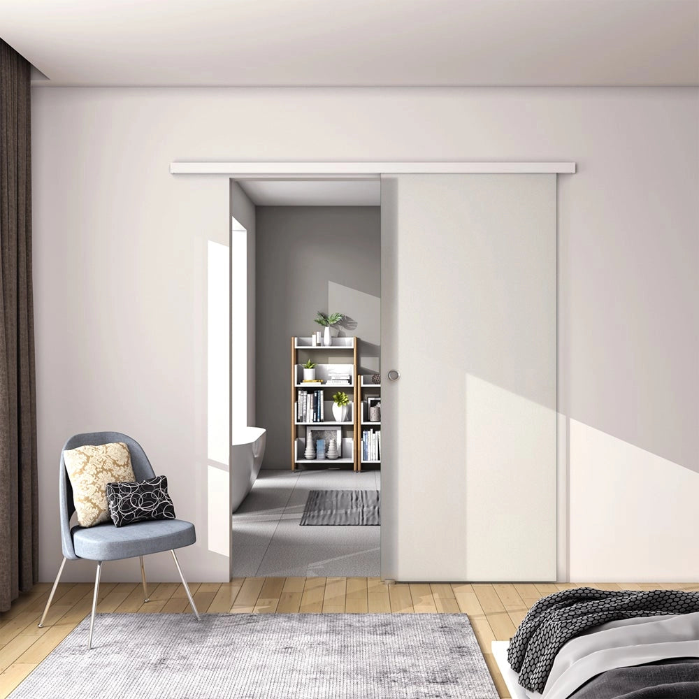 105x225 cm Porta Scorrevole in Vetro da 8 mm Temperato Opaco con Pellicola Anti-frantumi con Binario in Alluminio Bianco Verniciato
