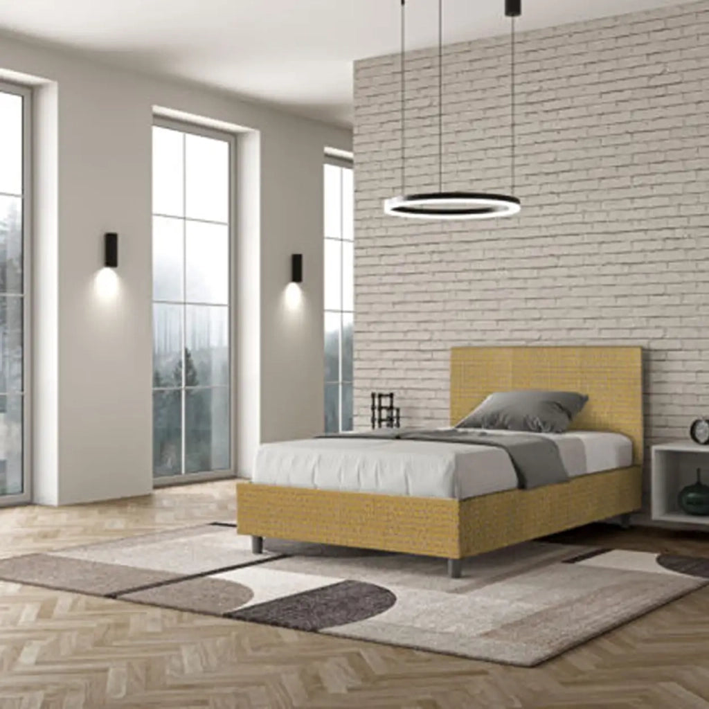 Letto una piazza e mezza contenitore imbottito 120x200 tessuto Labirinto 6 giallo Adele