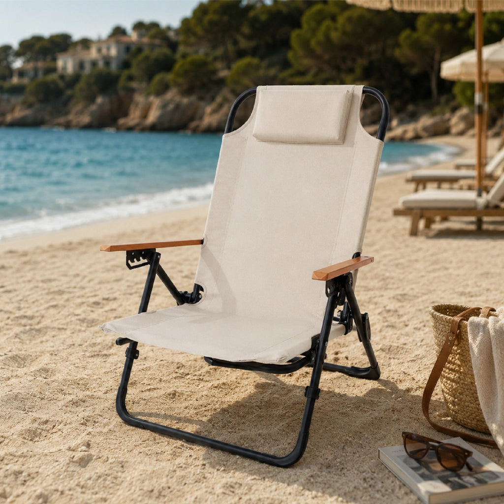 Sedia Mare Reclinabile con Poggiapiedi Estraibile, 4 Regolazioni Schienale, Poggiatesta e Tasca Portaoggetti, Spiaggina Poltrona Pieghevole da Spiaggia in Acciaio e Poliestere 600D Beige