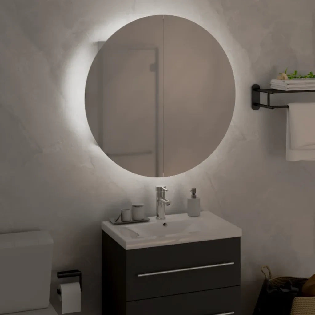 Armadio da Bagno | Mobile da Bagno con Specchio Rotondo e LED Bianco 47x47x17,5cm