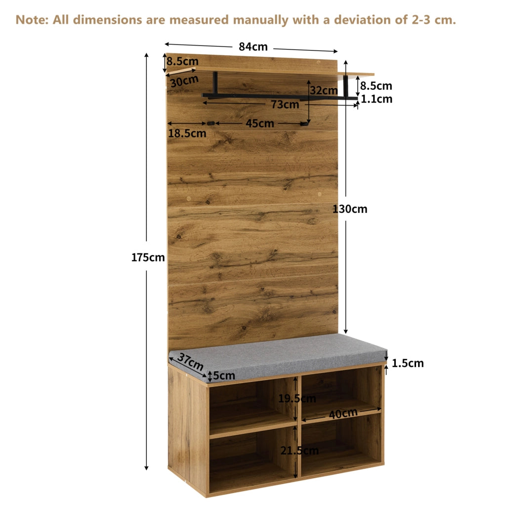 Set appendiabiti ULEVR 84x35x175 cm con panca portascarpe imbottita, ripiano regolabile e barra appendiabiti, color rovere