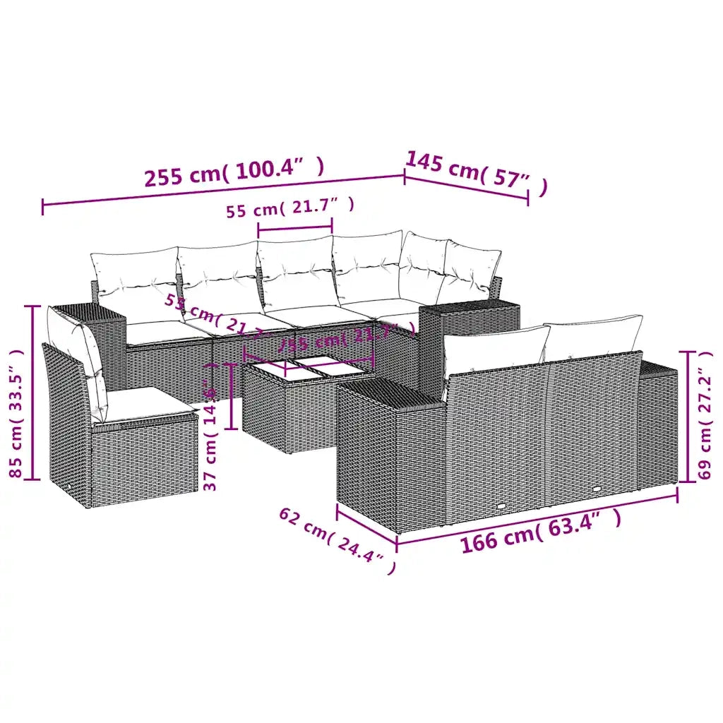 Set Divani da Giardino 9pz con Cuscini Marrone in Polyrattan 3255190