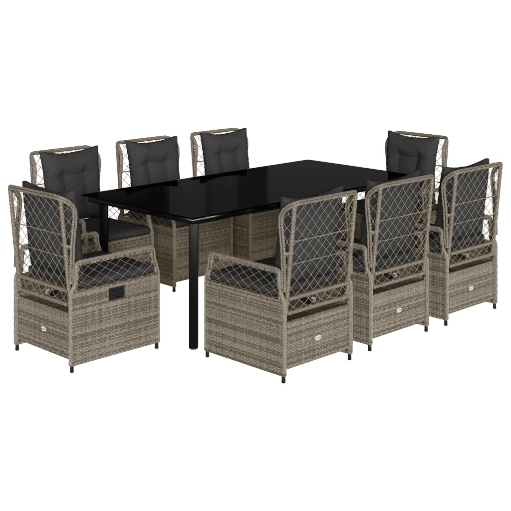 Set da Pranzo da Giardino 9 pz con Cuscini in Polyrattan Grigio