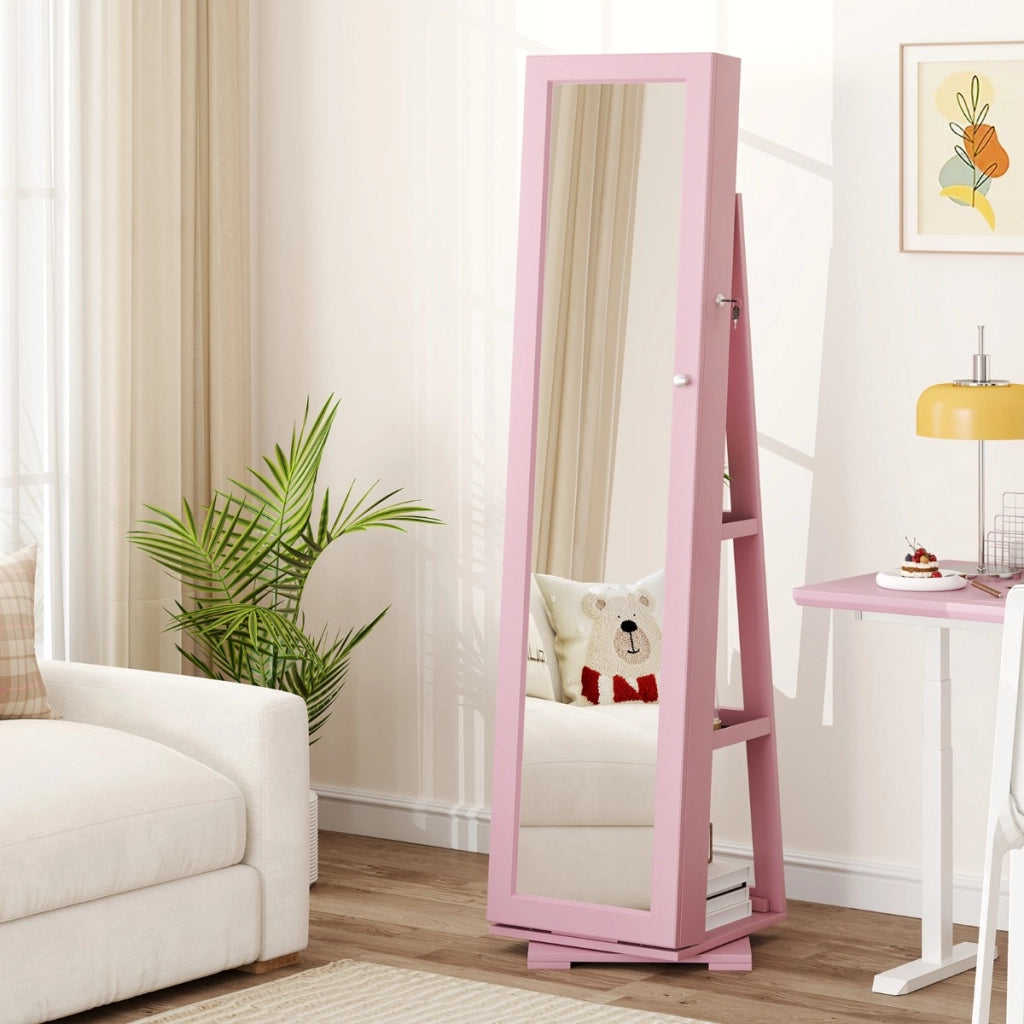 Armadio portagioielli girevole a 360¡ã con specchio, Organizer gioielli 2 in 1 a figura intera Rosa