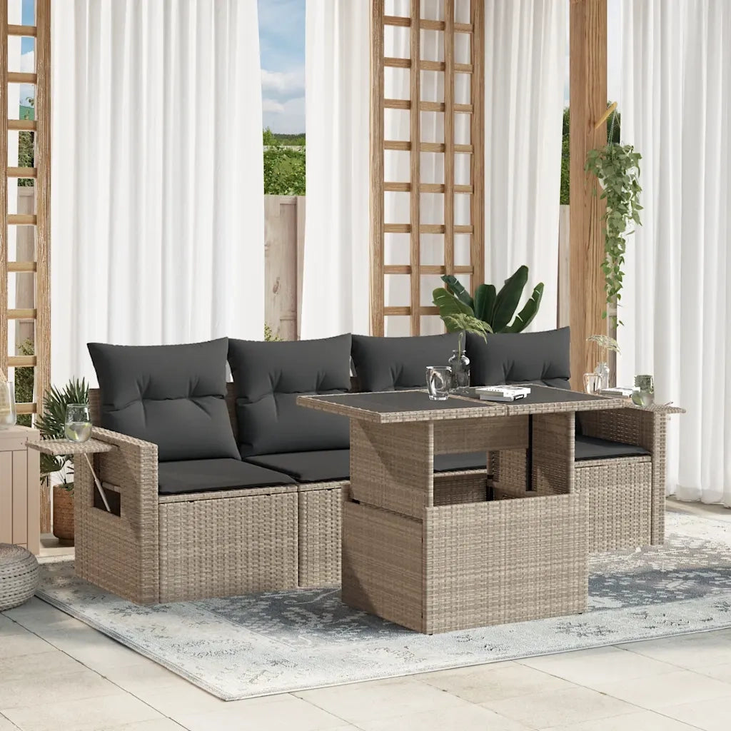 Set Divano da Giardino 5pz con Cuscini Grigio Chiaro Polyrattan