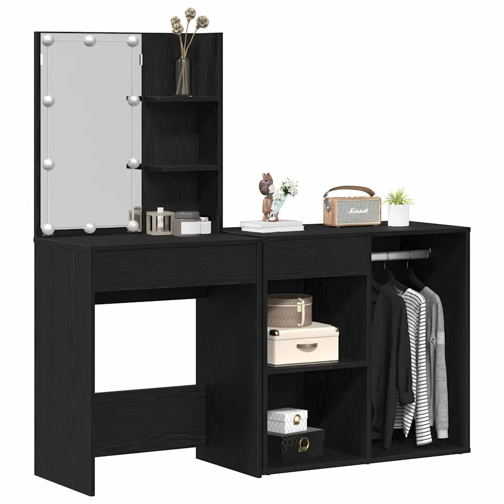Set Tavolo da Trucco LED Rovere Nero 140 x 40 x 140 cm 3333045