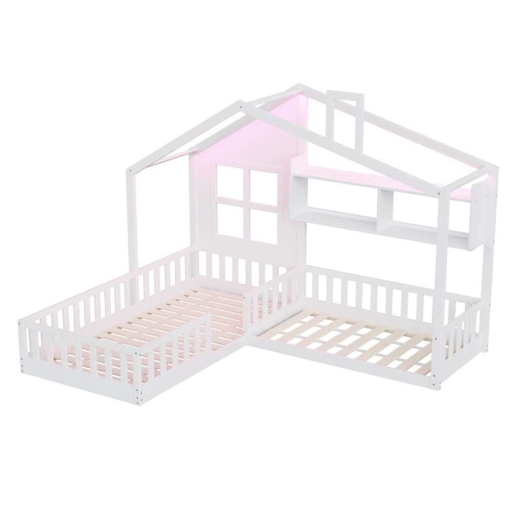 Letto a pavimento per bambini a forma di casetta con LED, ripiani e sponde
