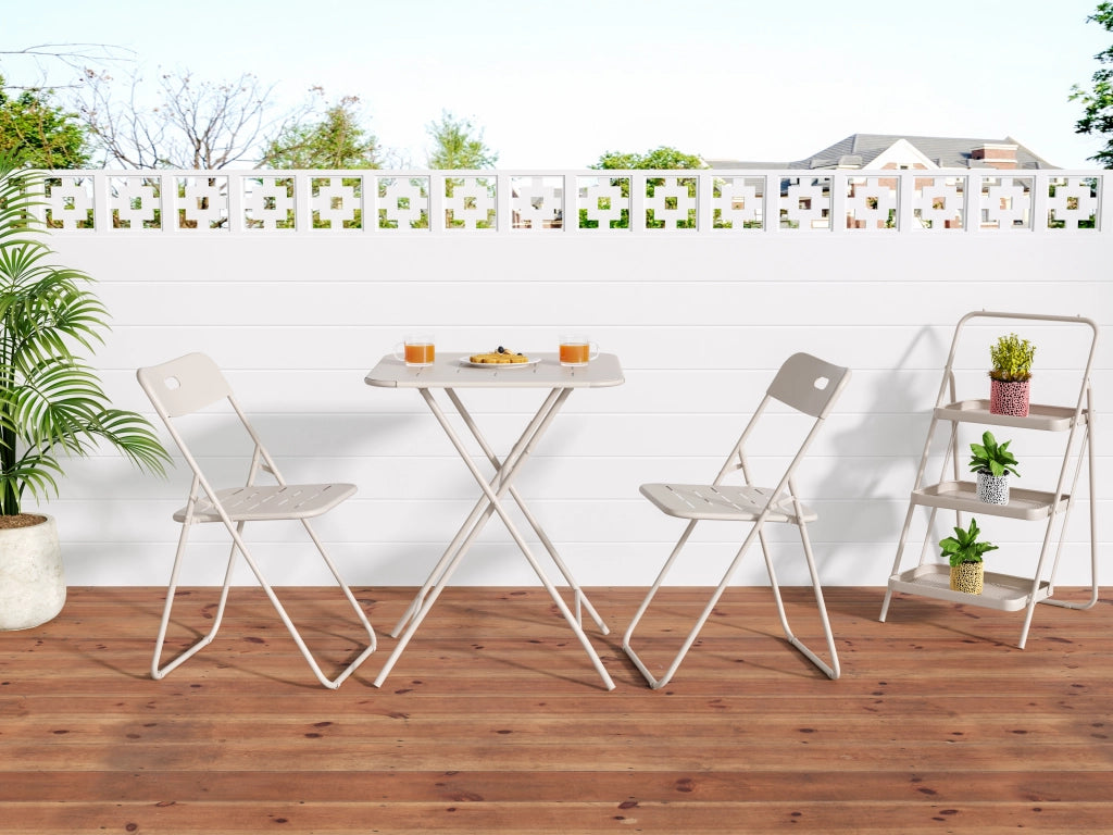 OKWISHSedia da Giardino Set Bistro Pieghevole 3 Pezzi Salvaspazio per Terrazza e Balcone in Acciaio Beige
