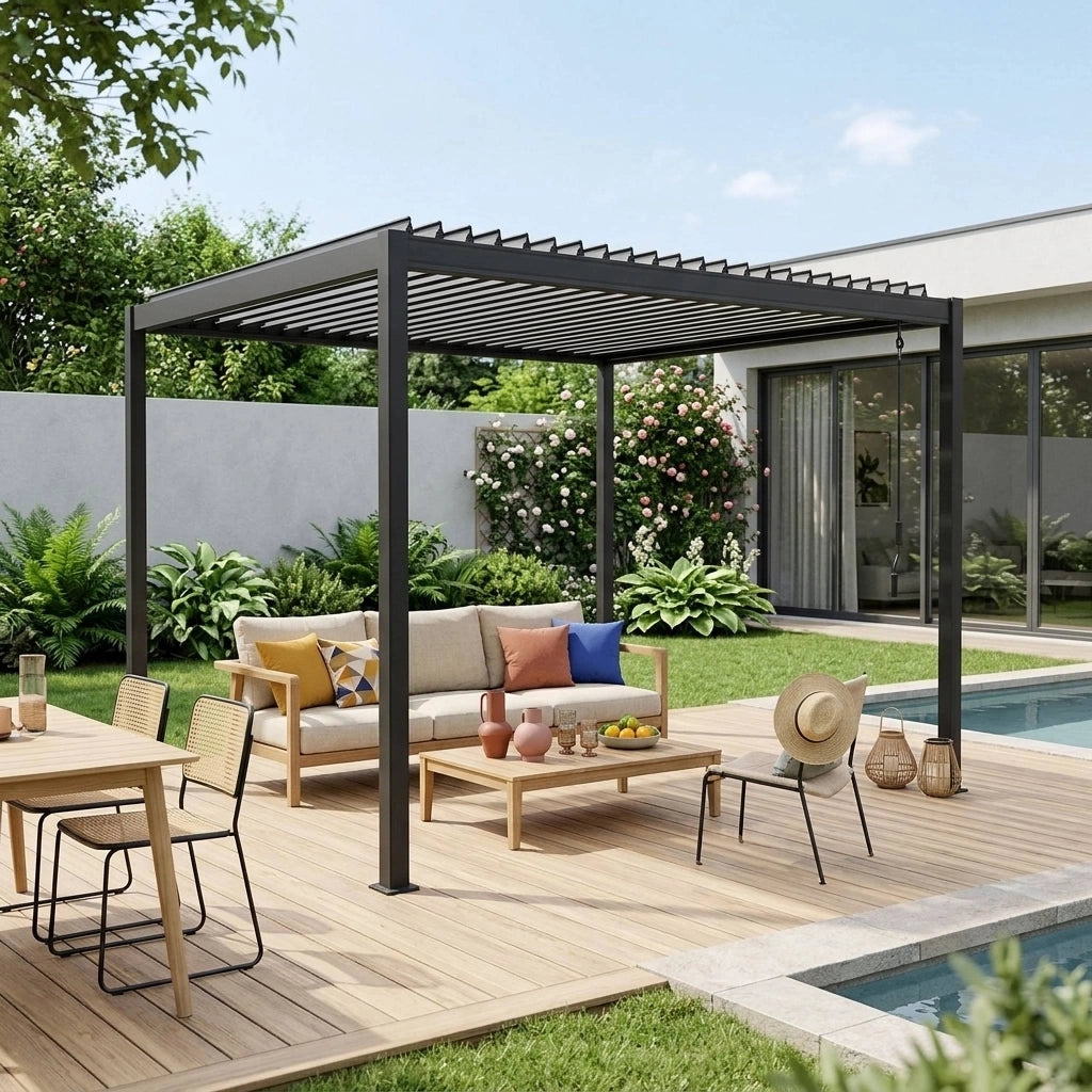 Pergola bioclimatica 3x3m in alluminio e acciaio con lamelle