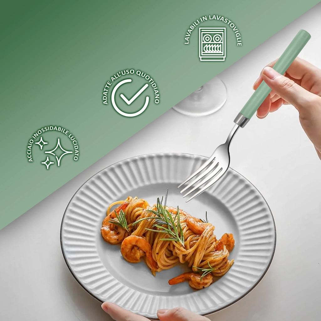 Servizio 24 Pezzi Posate Tavola Acciaio Inox Manici Colorati Tinta Unita Colori Moderni 6x Forchetta Coltello Cucchiaio Cucchiaino Lavabili Lavastoviglie Certificate Contatto Alimenti - Salvia