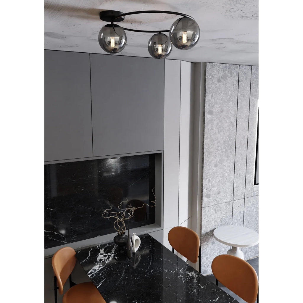 Plafoniera Minimal 3 Luci Perseo In Acciaio Nero E Sfere In Vetro Fumè
