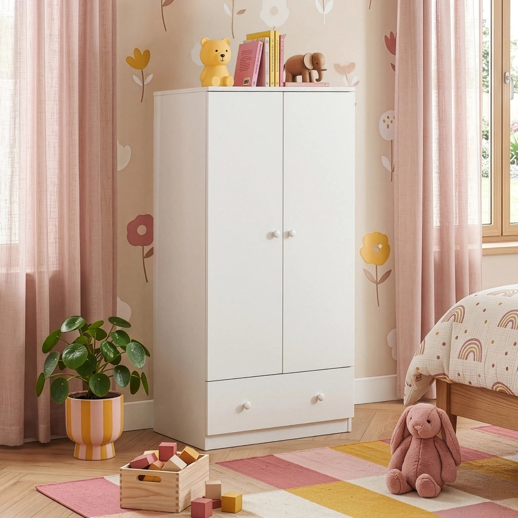 Armadio Beldinupp per Cameretta a 2 Ante e Cassetto 123 x 60 x 40 cm - Bianco [en.casa]