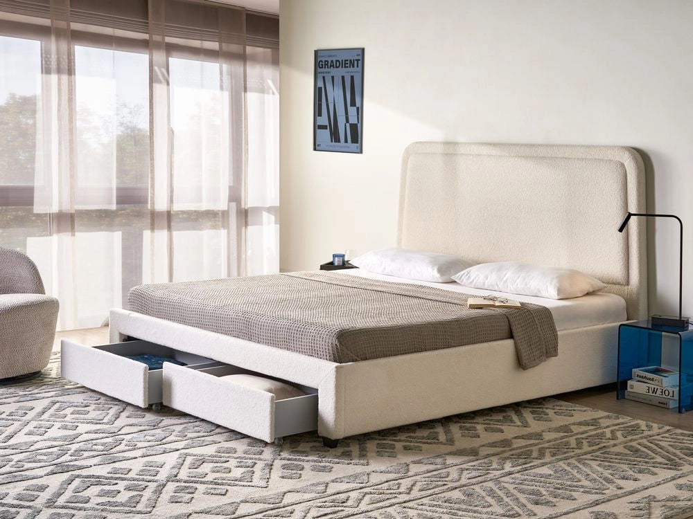 Letto imbottito in bouclé bianco sporco 180 x 200 cm Design scandinavo con morbidi cassetti sulla testiera