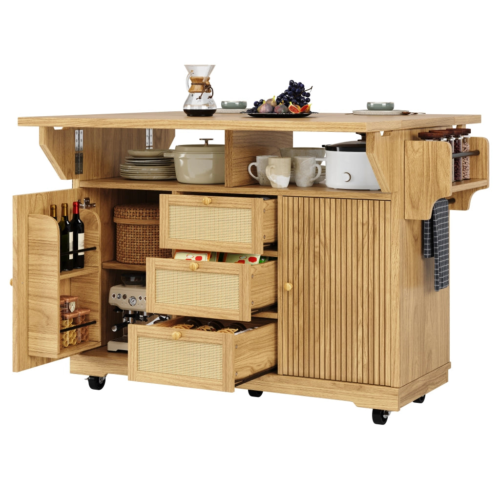 Carrello da cucina estensibile con spazio nascosto; cestini laterali e cassetti in rattan PE per cucina e balcone