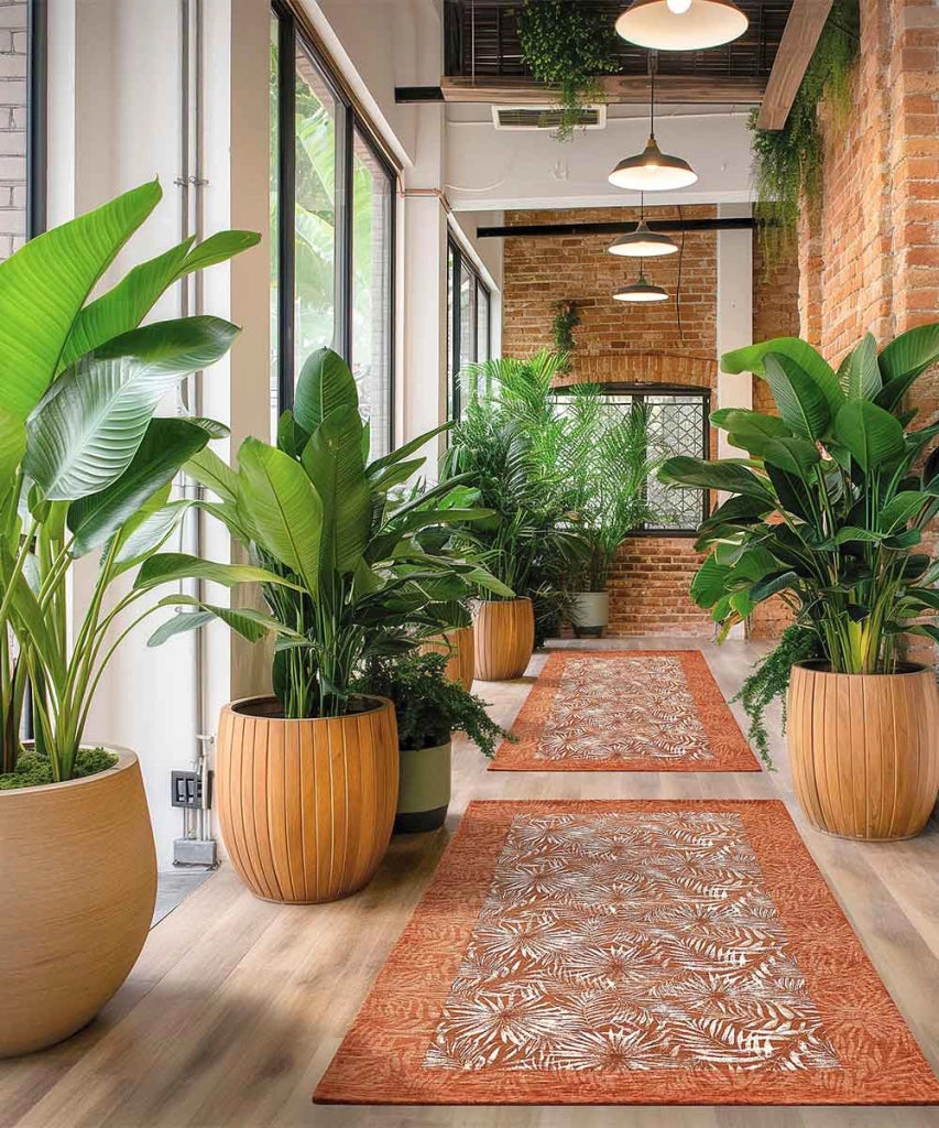 Tappeto passatoia moderno MALESIA TERRACOTTA disegno giungla tropicale natura foglie felci, arredo cucina corridoio multiuso lavabile antiscivolo cm.55x240