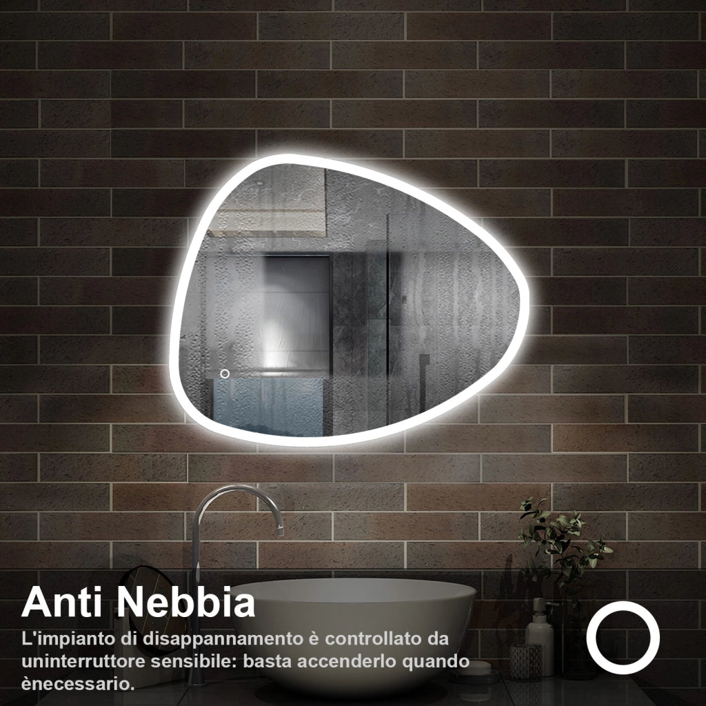 specchio forma irregolare 100x80 cm retroilluminato con luce a 3 colori, touch e pellicola antideflagrante