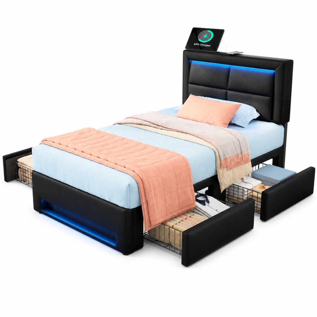 Letto imbottito 90x190 cm in PU nero con USB, LED e 4 cassetti