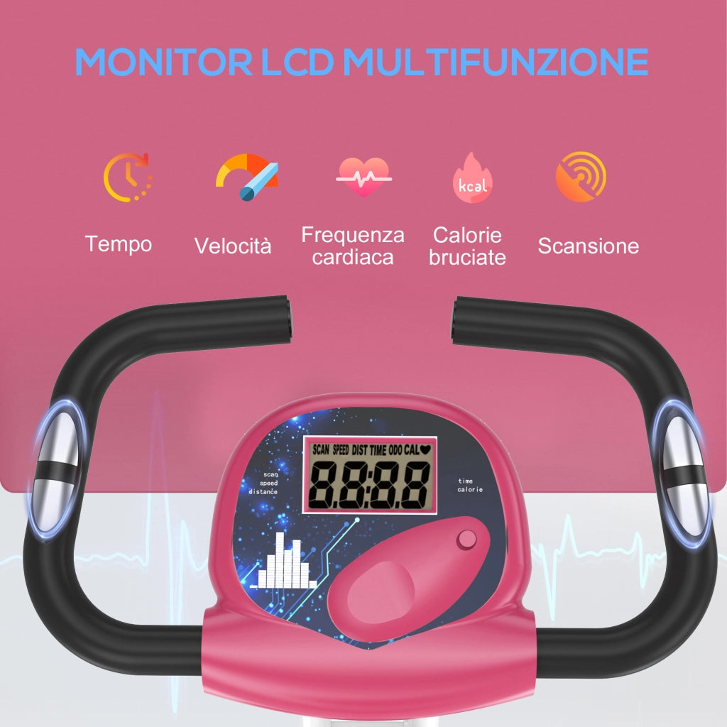 Cyclette Pieghevole da Fitness in Acciaio, Cyclette Magnetica Pieghevole da Casa con Altezza Regolabile, Resistenza Magnetica a 8 Livelli, Schermo LCD, 43x97x109cm, Rosa