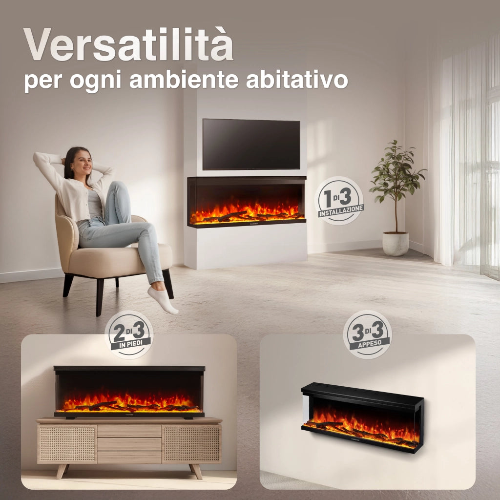 KAMINIO Camino elettrico LEA - Camino 3 in 1 con vista panoramica, riscaldamento, effetto fiamma, 12 colori delle fiamme, telecomando - 42 pollici