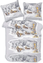 Coperta da letto in flanella, 135 x 200 cm, 2 pezzi, coperta da letto natalizia, paesaggio invernale, grigio-bianco, coperta da letto natalizia, flanella fine, 100% cotone