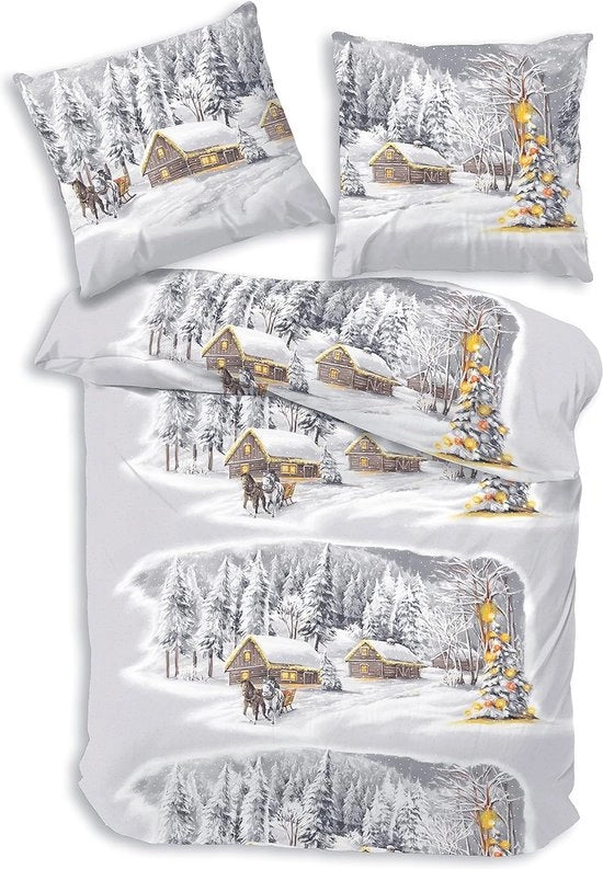 Coperta da letto in flanella, 135 x 200 cm, 2 pezzi, coperta da letto natalizia, paesaggio invernale, grigio-bianco, coperta da letto natalizia, flanella fine, 100% cotone