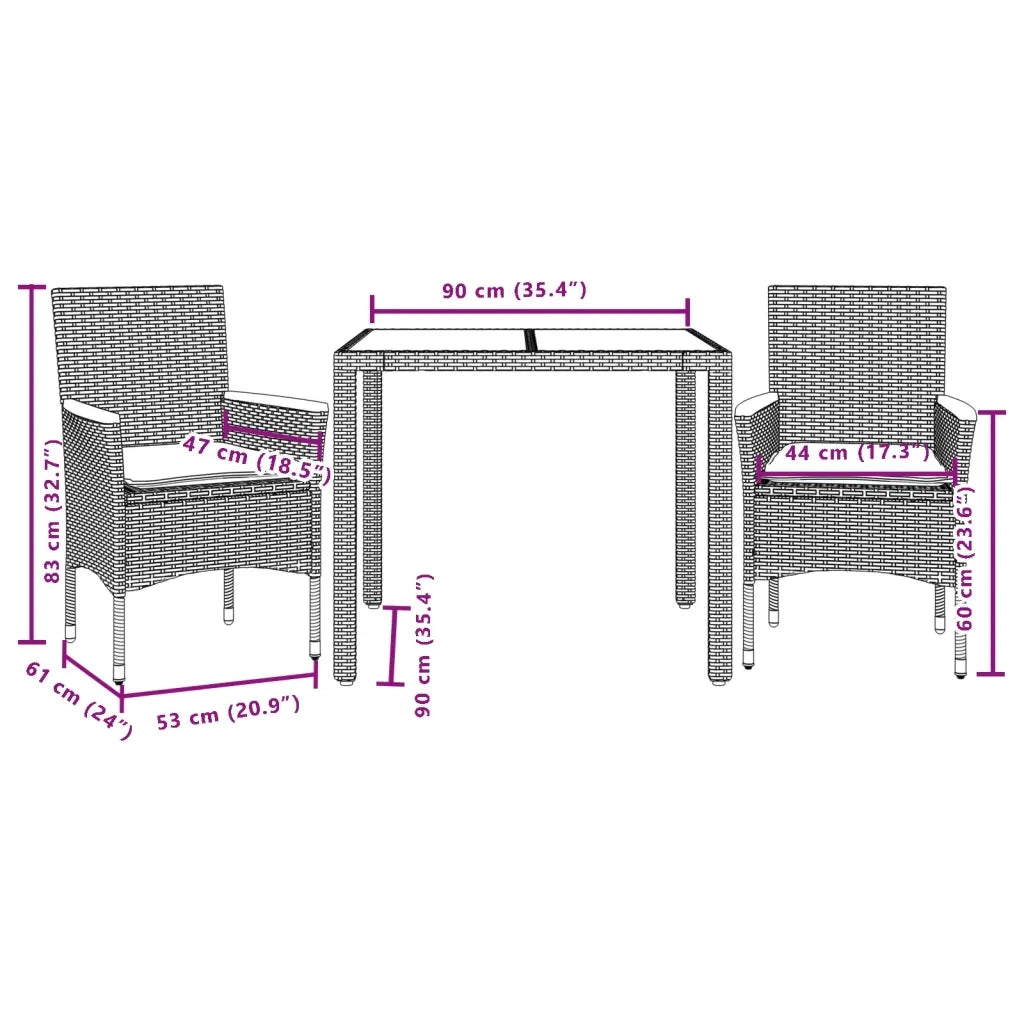 Set da Pranzo da Giardino 3 pz con Cuscini Polyrattan e Vetro 3278657