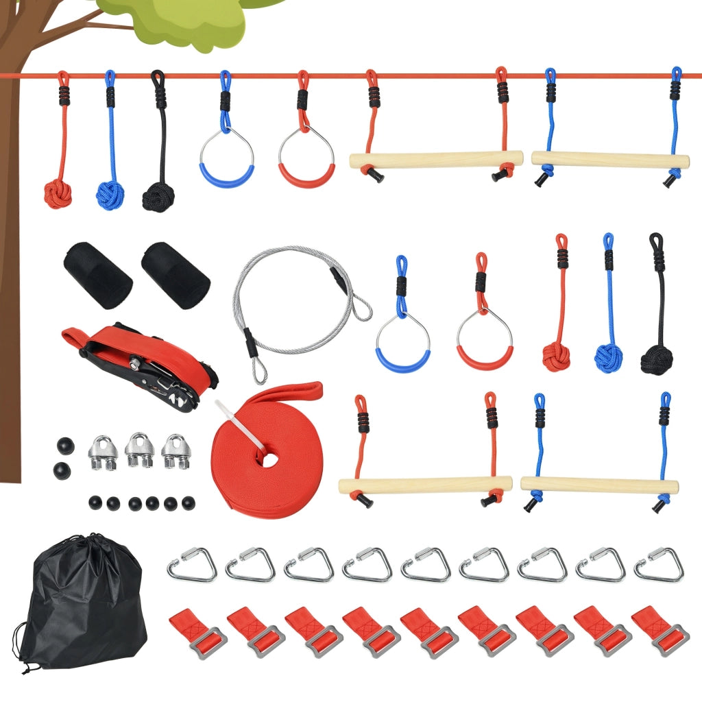 Percorso ostacoli ninja per bambini ¨C Xylo ¨C 30 accessori con slackline 10m blu nero rosso