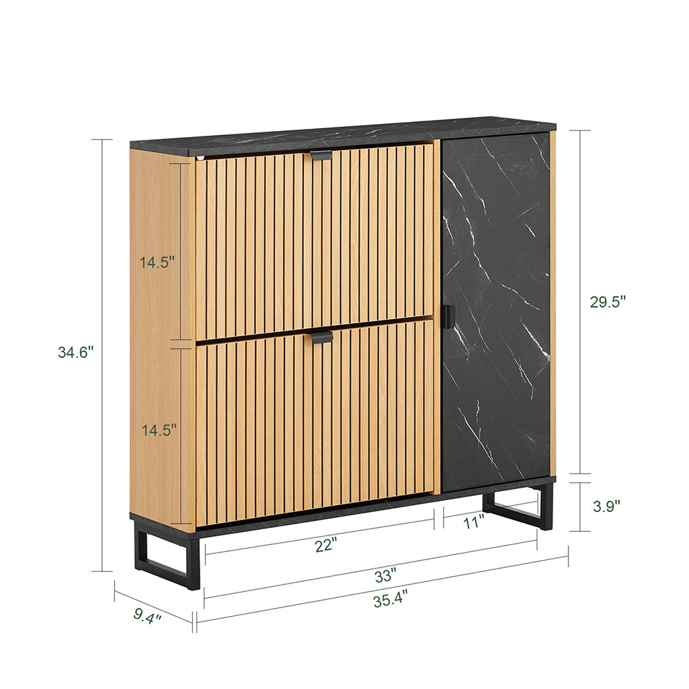 SoBuy Scarpiera Salvaspazio Slim con 2 Ante a Ribalta - Mobile Ingresso per 8 Paia di Scarpe, Scarpiera Ingresso - Design Moderno Nero Marmo e Legno Chiaro, Fissaggio Antiribaltamento - FSR203-N