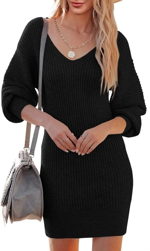 Vestito di maglia con collo V - lunghe maniche - mini - maniche a palloncino - abito da sera - tessuto morbido e resistente - maglia