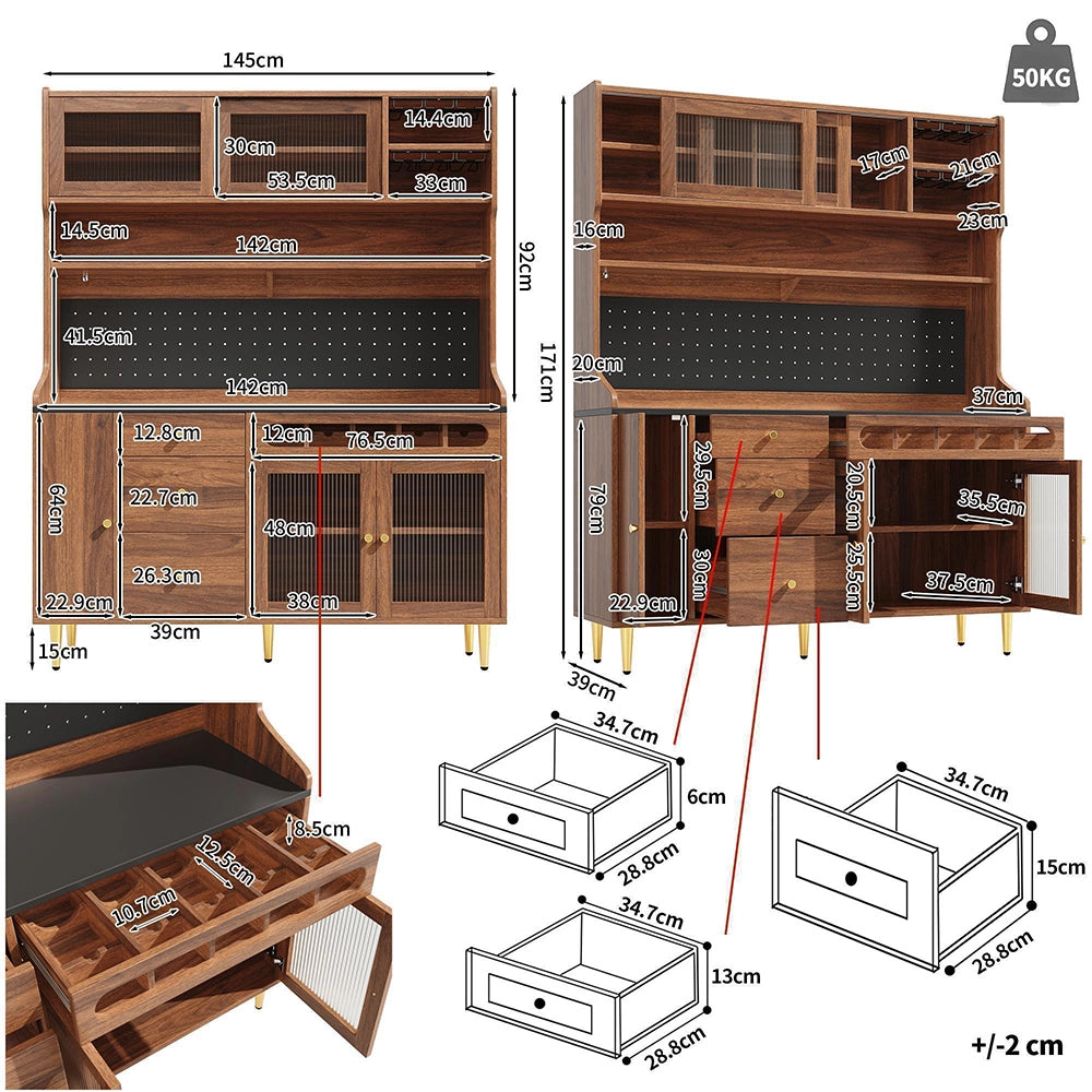 Armadio alto per soggiorno - Xylo - 145¡Á39¡Á171 cm - Noce - Ripiani regolabili, illuminazione LED, cassetto porta bottiglie