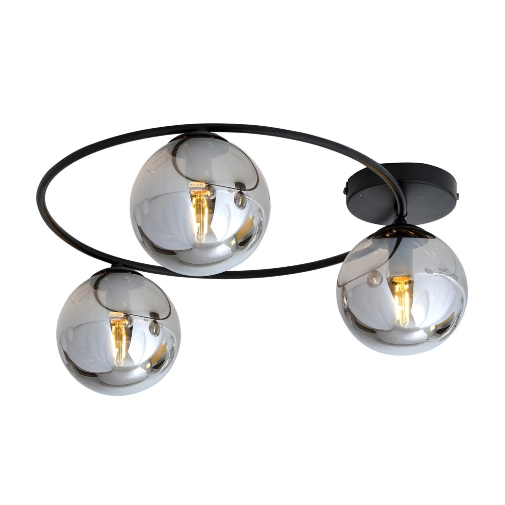 Plafoniera Minimal 3 Luci Perseo In Acciaio Nero E Sfere In Vetro Fumè