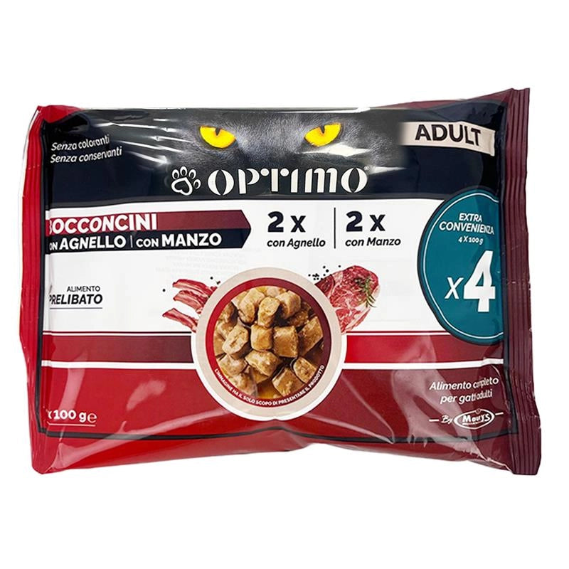 OPTIMO ADULT PER GATTI BOCCONCINI 2X AGNELLO 2X MANZO ALIMENTO PRELIBATO SENZA COLORANTI SENZA CONSERVANTI 4X100 G