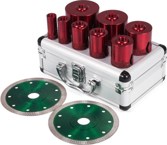 Set di seghe diamantate - 8 pezzi - diametro 20-68mm - con 2 lame - contenitore di attrezzi - inclusi 10 puntoni diamantati a vuoto - saldatura a vuoto - portatile - ceramica