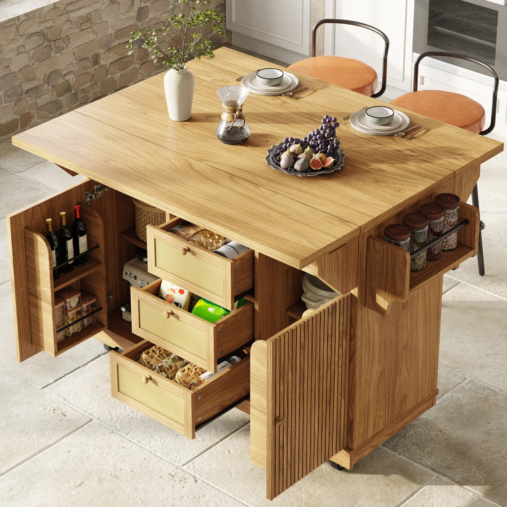 Carrello da cucina estensibile con spazio nascosto; cestini laterali e cassetti in rattan PE per cucina e balcone