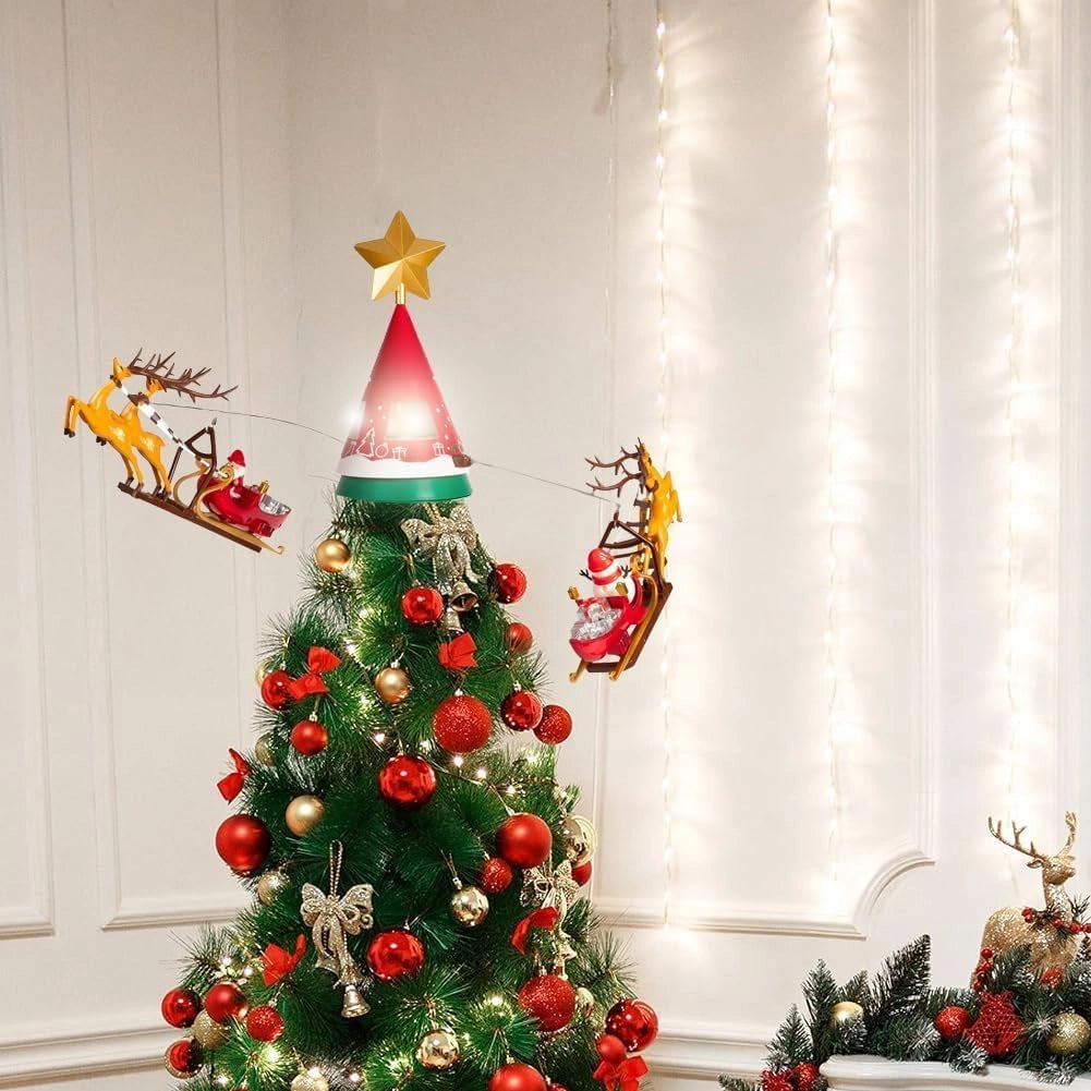 Puntale Rotante per Albero di Natale Girevole con 2 Slitte Punta con Luci e Suoni