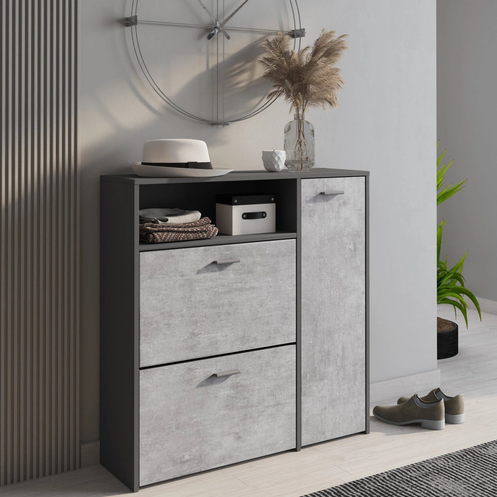 Scarpiera Dpinn, Portascarpe da ingresso con ripiani, Armadietto moderno multiuso a 3 ante, Made in Italy, Cm 91x27h94, Antracite e Cemento