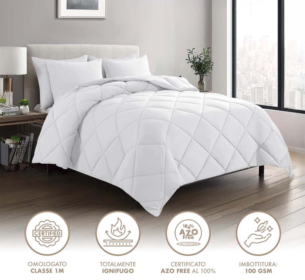 Piumino Letto Bianco Ignifugo Certificato Classe 1IM 100/200/300 Gr Microfibra Anallergica Manopesca Effetto Piuma Prodotto Italiano Hotel Strutture - Piumino 100Gr - Singolo