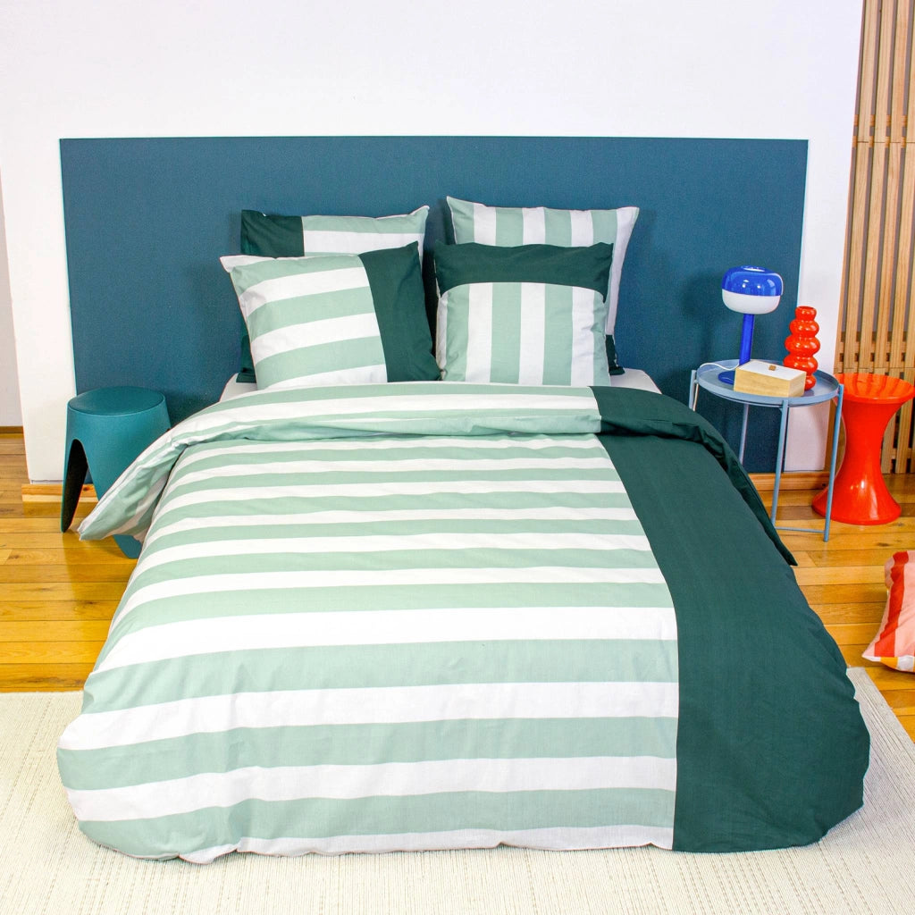 Set biancheria da letto in cotone a righe bianco e verde, 2 posti