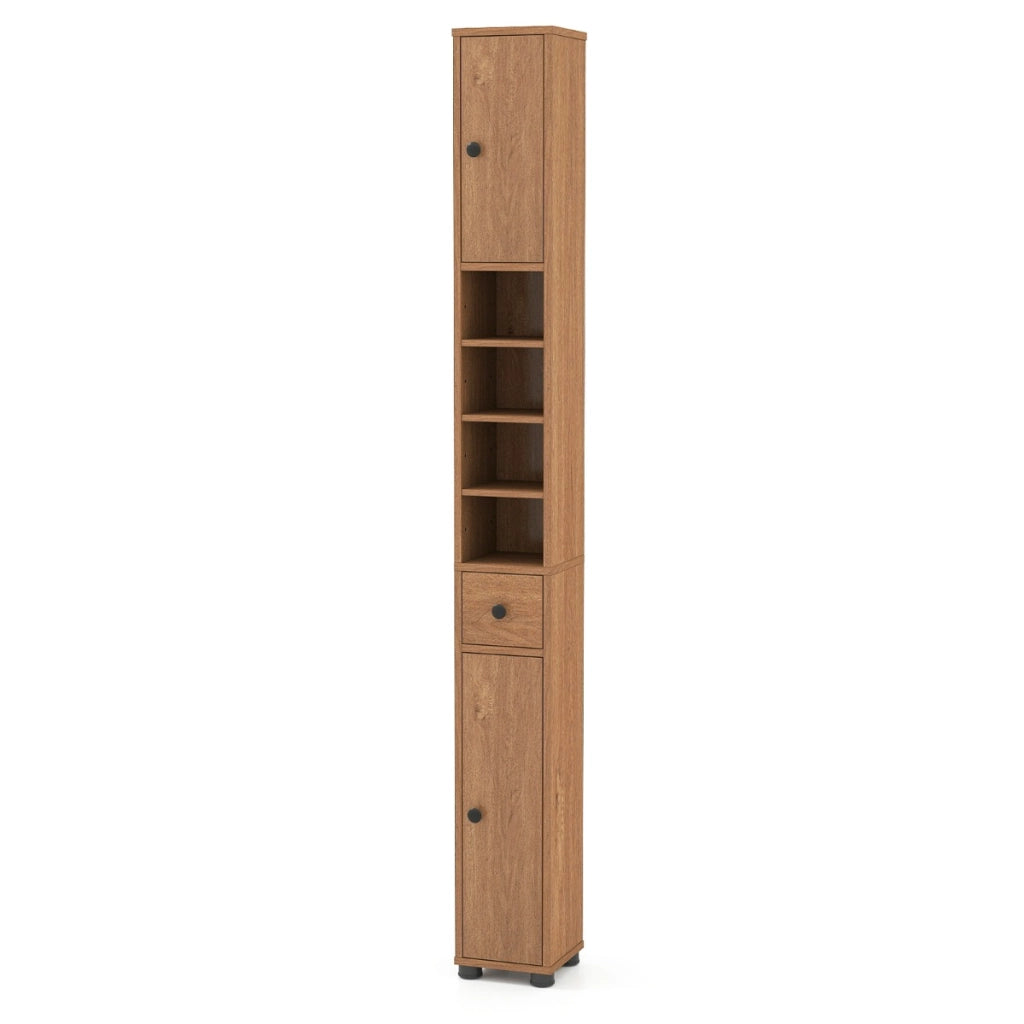 Armadio da bagno alto slim con 1 cassetto di stoccaggio, Armadio da bagno 5 ripiani regolabili struttura antiscivolo Legno naturale