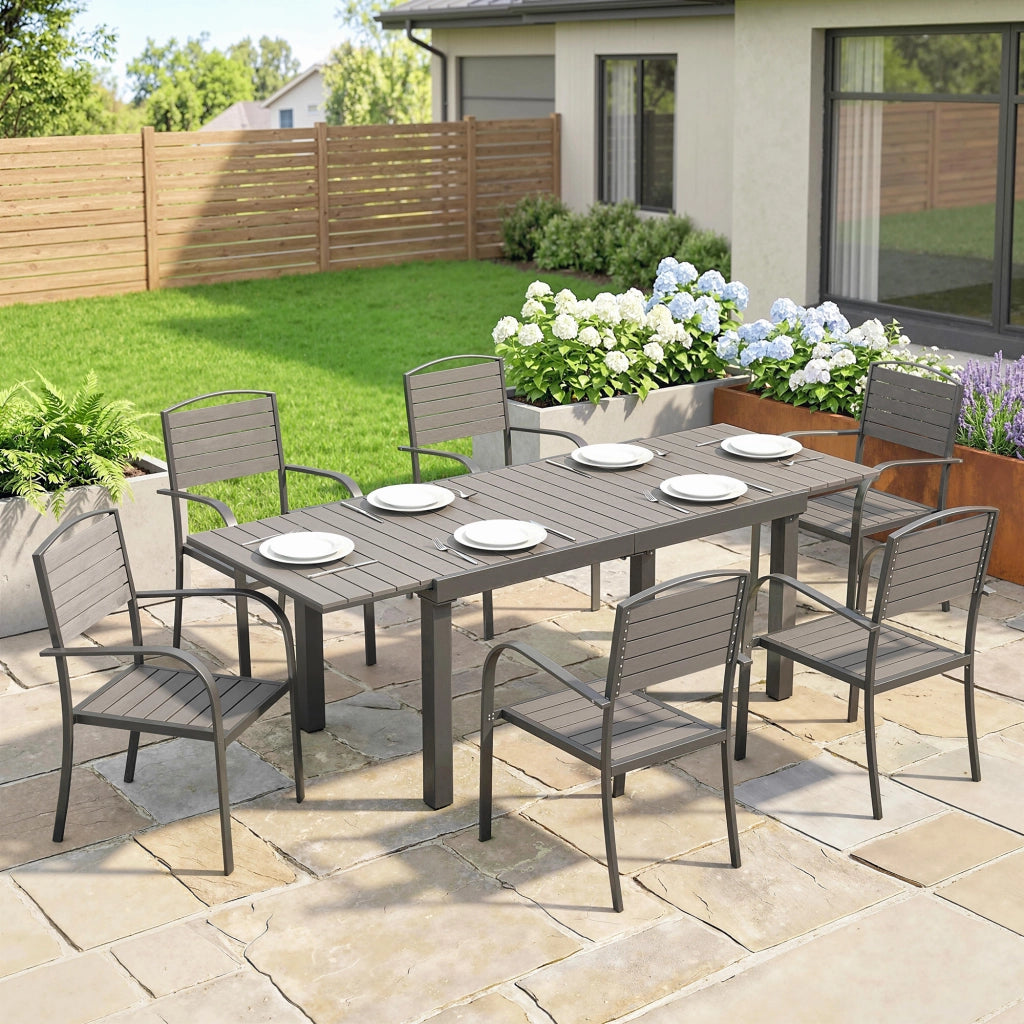 Set Giardino 7 Pezzi con Tavolo Estensibile e 6 Sedie Pieghevoli ¨C Zephmum ¨C Legno Effetto Aluminium